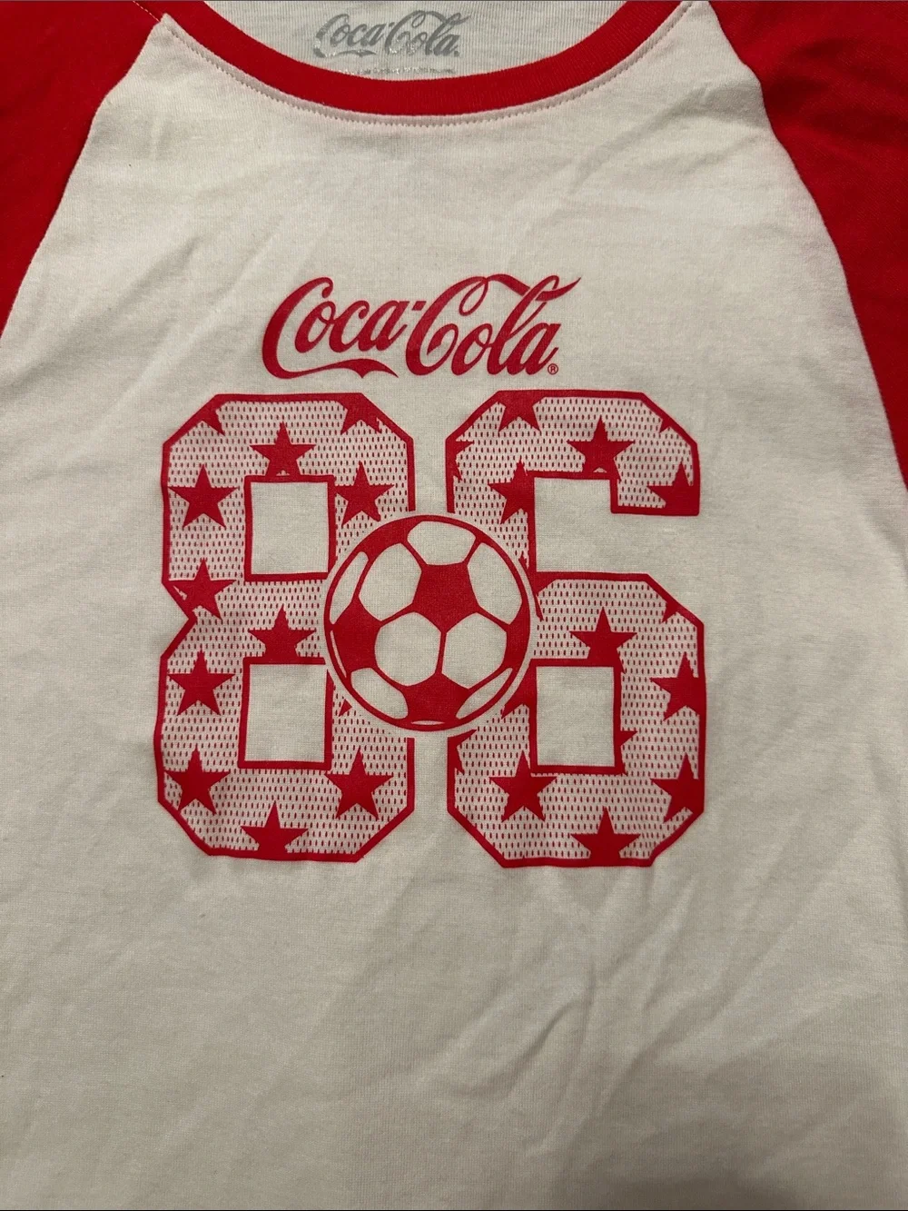 Coca Cola White Tee with Red Raglan Sleeves and Soccer Graphic size L kids